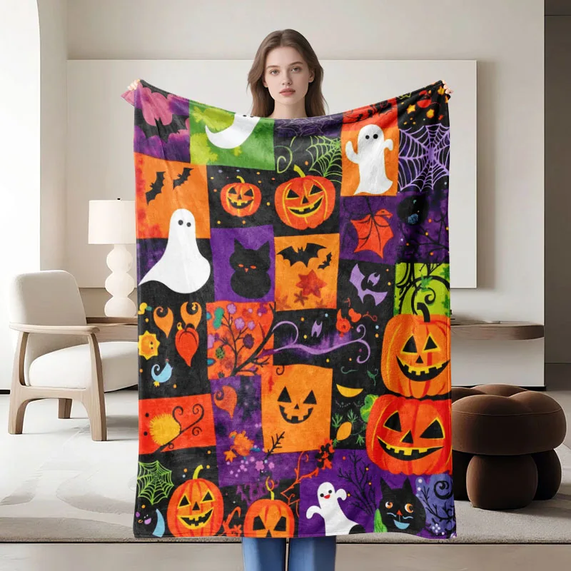 قطعة واحدة من بطانية الفانيلا بطابع الهالوين، نمط اليقطين والشبح الملون، مناسبة للأريكة والسرير والمكتب والهدية المثالية لـ fam