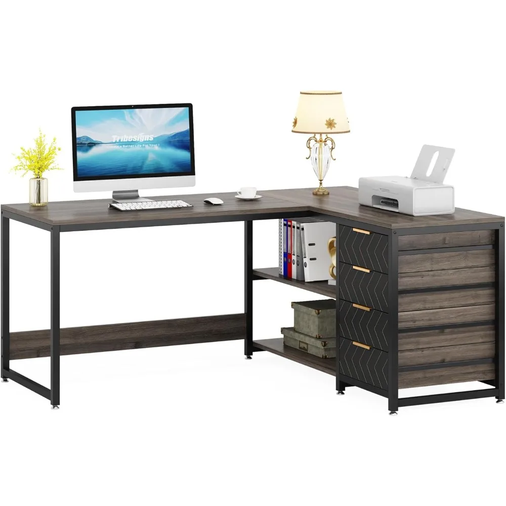 

59-inch l shaped desk with drawers, large computer desk with storage shelves, reversible l-shaped corner desk workstation