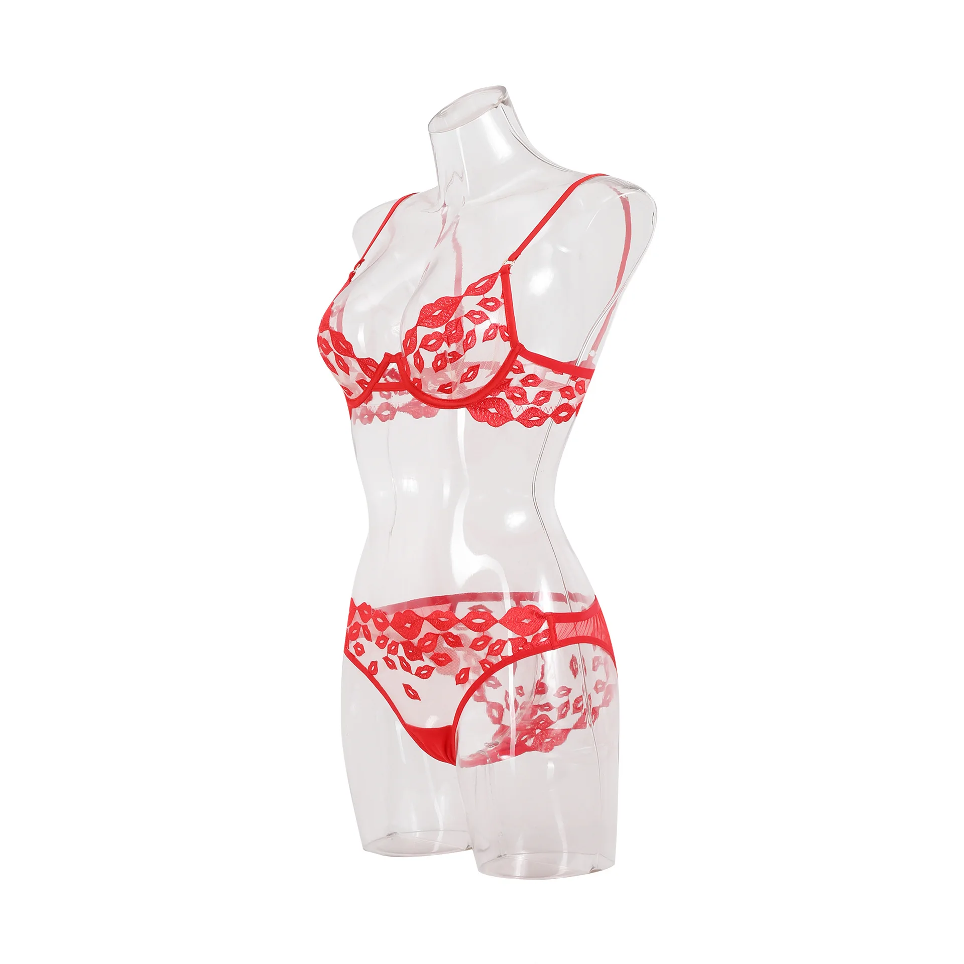Holiday Valentine's Day Gift Red Lips Sexy Lingerie Women's High Quality Soft Embroidered Lingerie Set Panties Bra