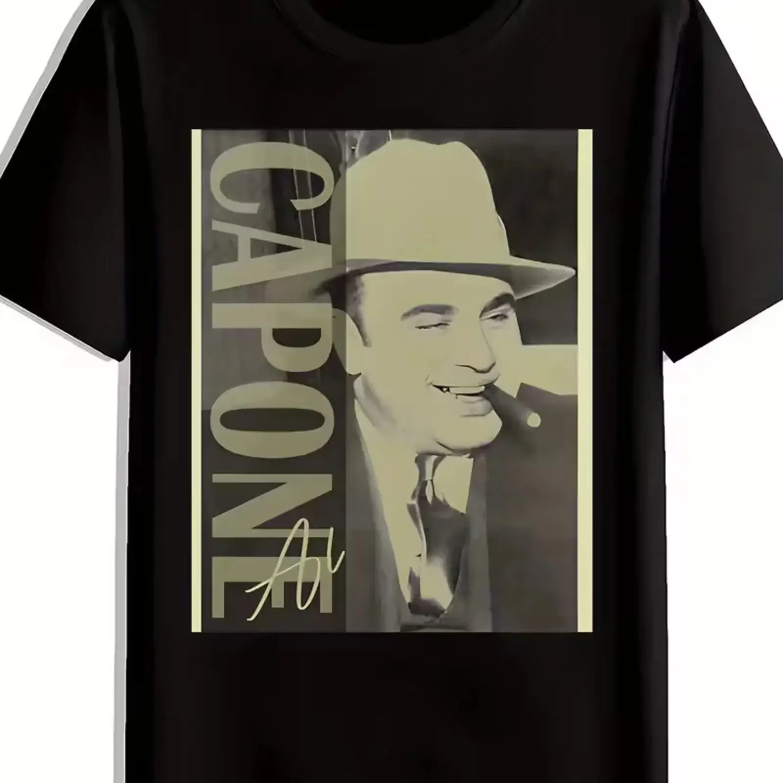 Men'S Black T Shirt with CAPONE Print Vintage Inspired Design Short vintage Washed Stretched homme fashion Comfortable