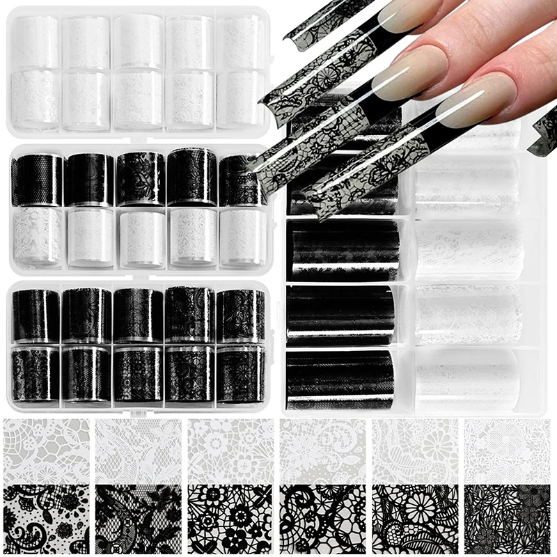 (BF06)1/10 Roll Black White Lace Flower Nail Transfer Foil Fantasy Retro Floral Starry Sky Paper Sticker Manicure Accessory