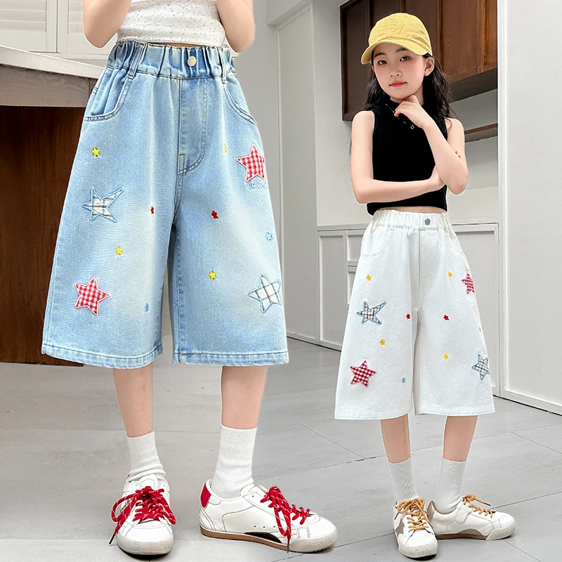 

Kids Child Summer Retro Blue Denim Shorts with Stars for Tweens Girl Hip Hop Pocket High Waist Slim Knee Length Capris Jeans