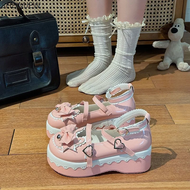 Mignon poupée Lolita bout rond nœud papillon mode Mary Jane chaussures simples fille amour plate-forme chaussures en cuir Cosplay coréen chaussures plates