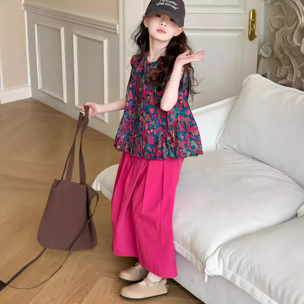 

Children's Outfits for Girls Retro Teenager Casual Suits Kids Clothes Summer Girls Loose Floral Vest + Wide Leg Pants Set