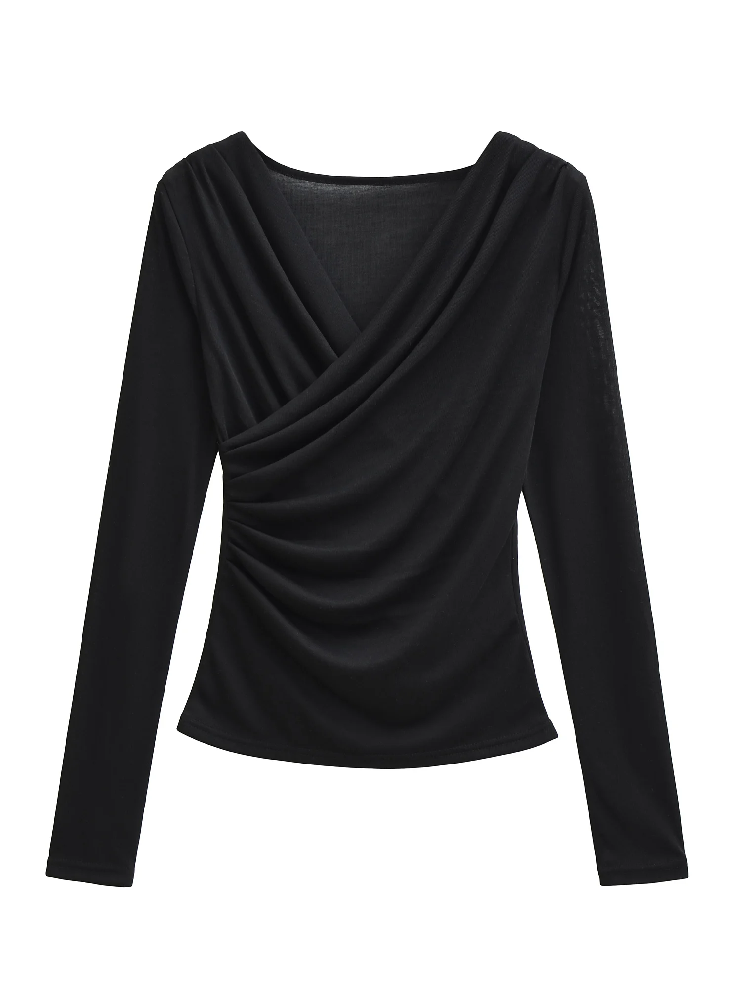 Women's Slim Fit Long Sleeve T-Shirt V-Neck Pleated Imitation Silk Base Shirt High Waist Sexy Style Short Length Top