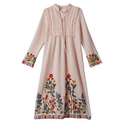 Spring Autumn Original Design Women Loose Mori Girls Hand Made Embroidery Pink Victorian Vintage Knitted Woolen Jumper Dresses