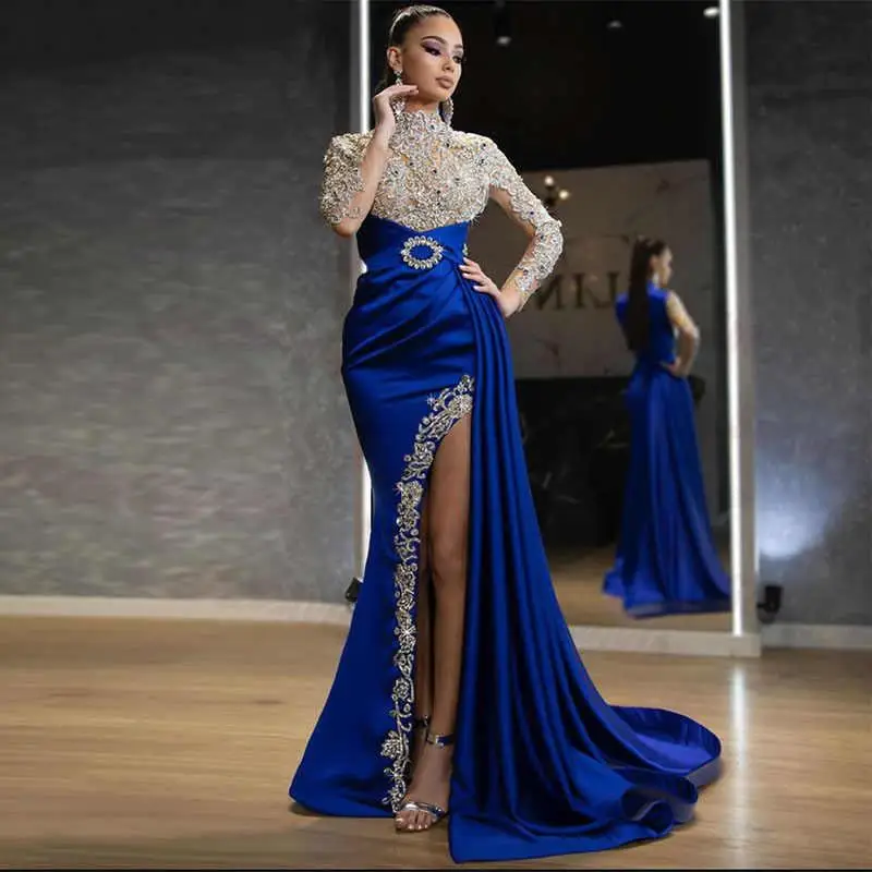 

Blue Split Splicing f High Collar Evening Dr Women's New 2024 Faionable Ele Long Sve High Waist Gown