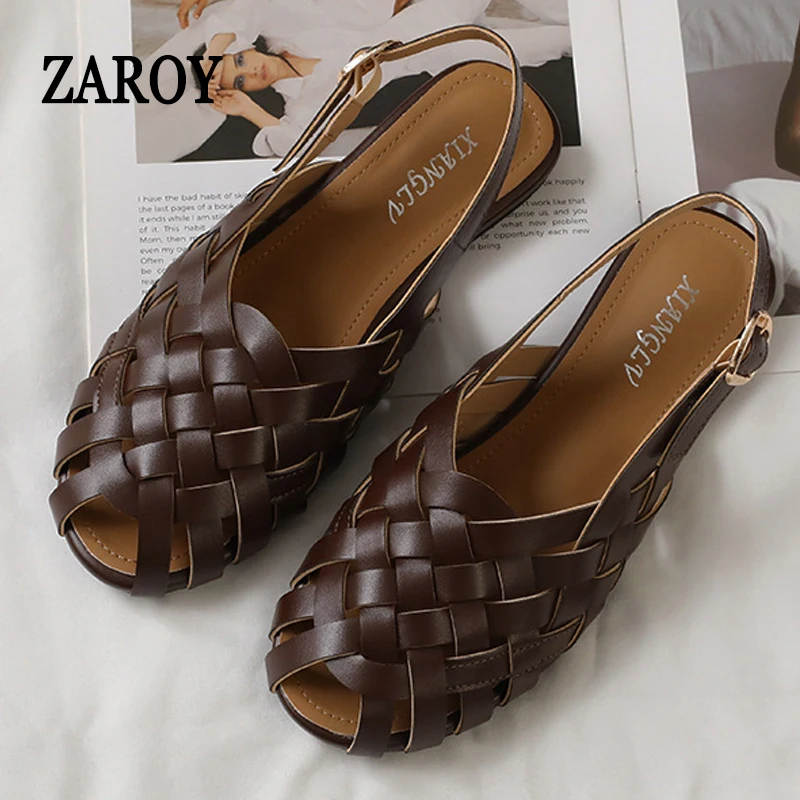 

Peep Toe Slingback Flat Sandals Big Size Women Summer Footwear Woven Ankle Buckle Casual Beach Roman Sandalia Zapatos сандали