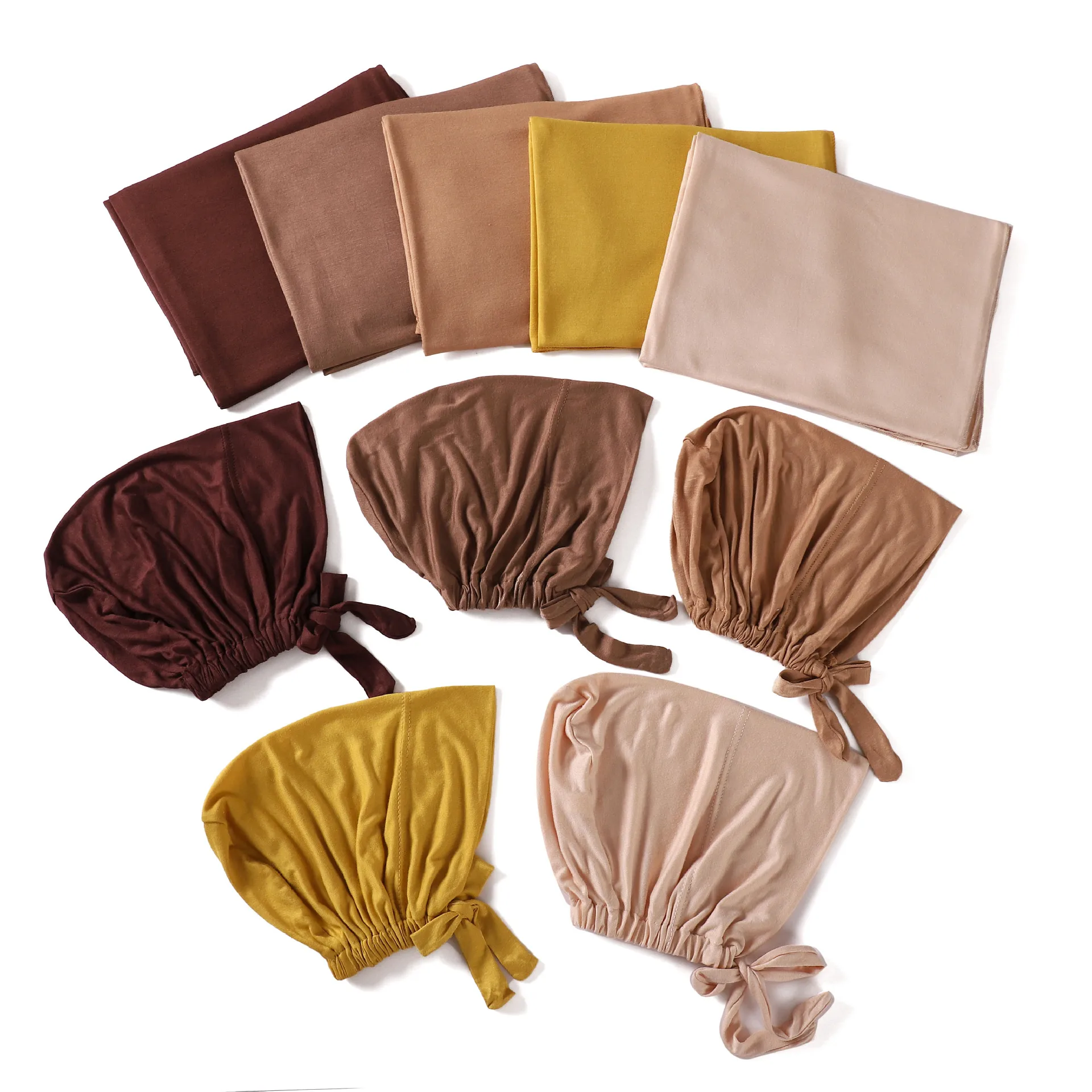 Modal Long Scarf and Inner Cap Set 2PCS Muslim Hijab Women Lace Up Turban Bonnet Headscarf Islam Shawls Wrap Underscarf Scarves