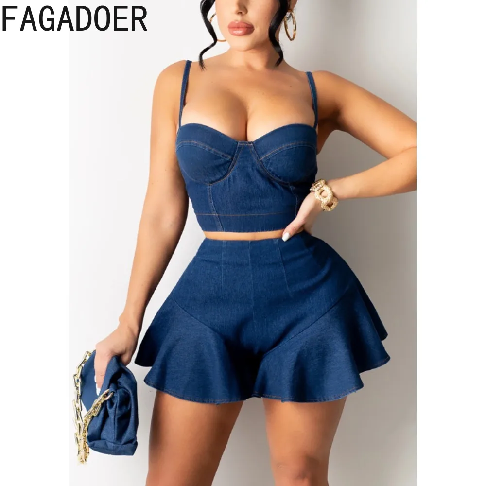 

FAGADOER Fashion Street Style Women Denim Thin Strap V Neck Vest+Mini Skirts Two Piece Sexy Female Cowboy Matching 2pcs Outfits