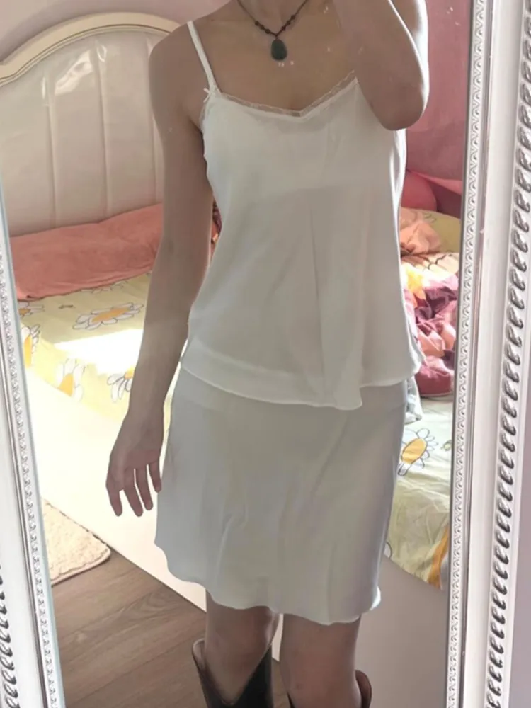 White Stain Pajama Set Woman Summer Lace Trim V-neck Camis+Bow Low Waist Mini Skirt Female Casual Home See Through 2 Piece Sets