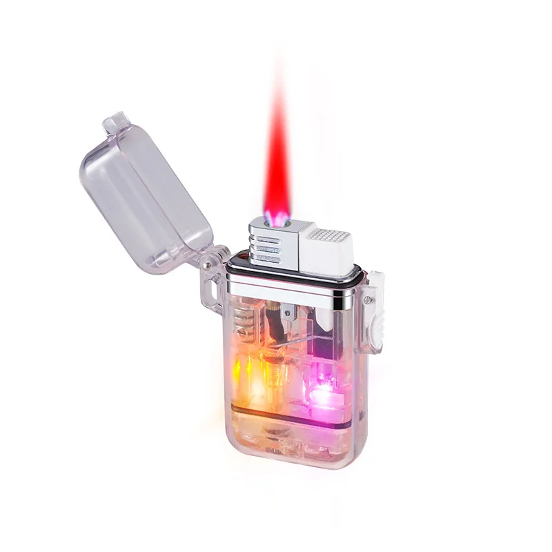 Windproof Lighter Transparent Colorful Cool LED Flashlight Lighter Red Jet Flame Lighter Smoking Accessories Decorative Pendant