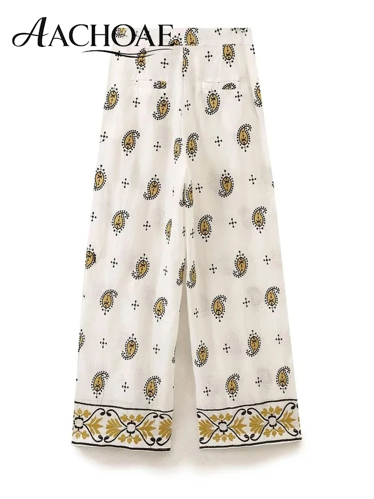 AACHOAE Women's Boho Paisley Print Cotton Embroidered Wide Leg Pants Loose Palazzo Trousers Casual Summer Beach Vacation Pants