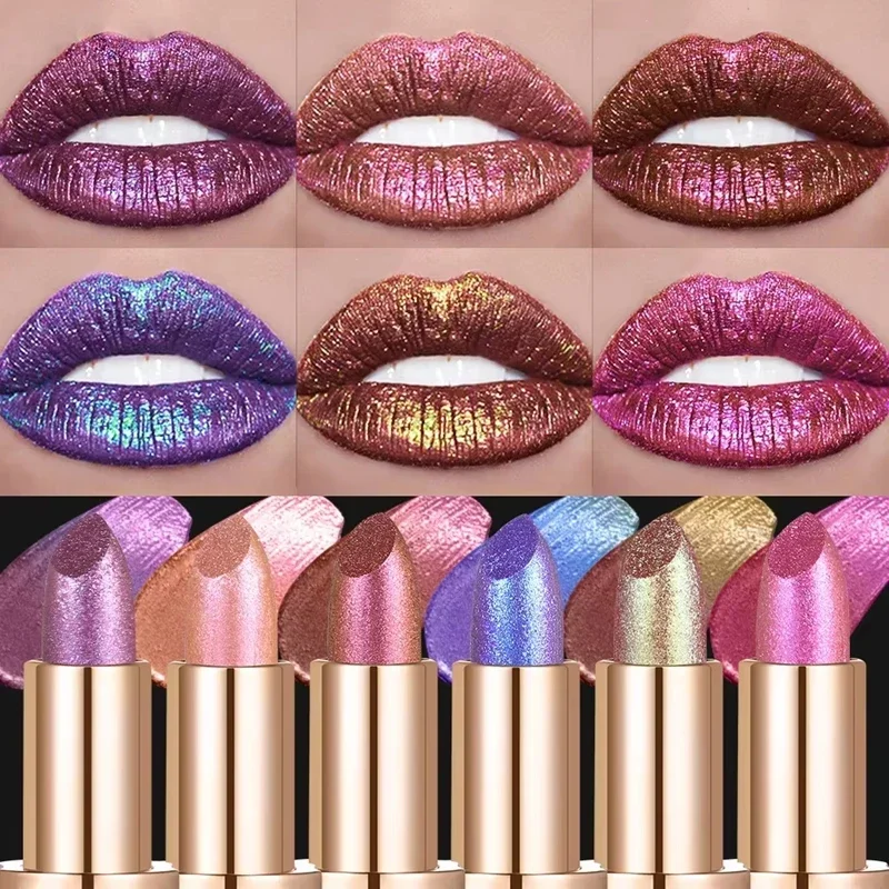 7-Color Aurora Chameleon Metallic Lip Stick High Shine Long-Lasting Diamond Blue Purple Lip Gloss for Halloween & Stage Makeup