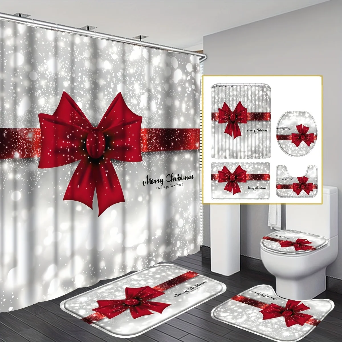 4pcs Merry Christmas Polyester Shower Curtain Set with Redbow Tie, 12 Hooks, Non-Slip Bathroom Rug, Toilet U-Shape Mat,