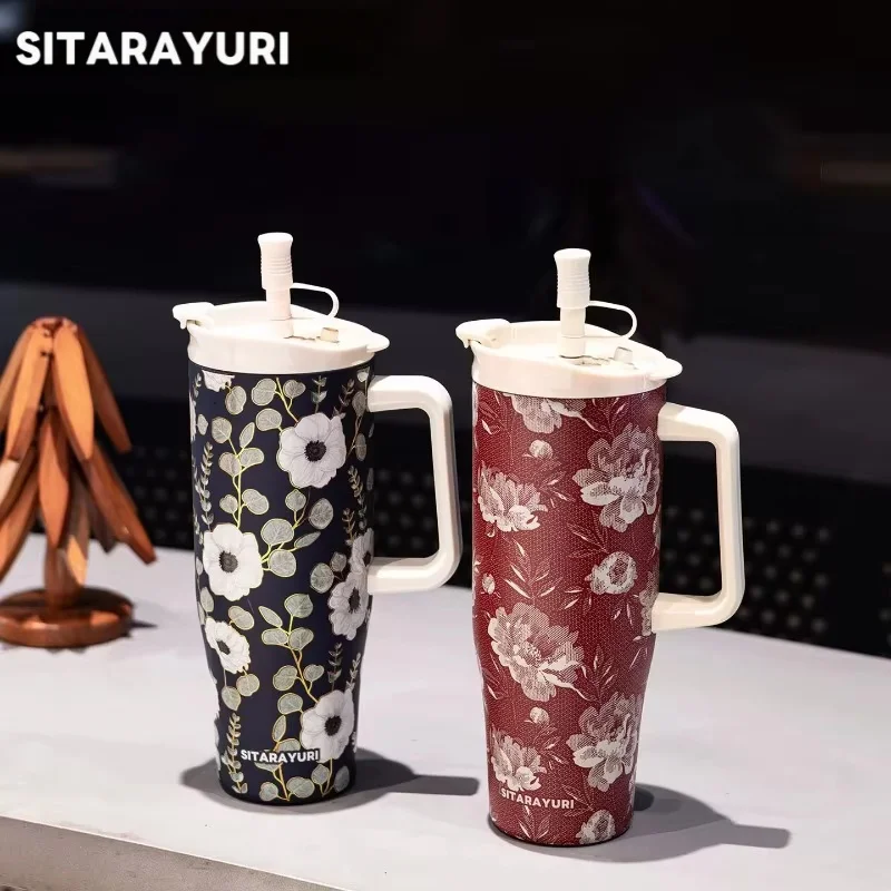 SITARAYURI 1.2L Insulated Cups with Straw Stainless Steel Thermos Bottles Decal-Art Vacuum Flasks Keep Hot＆Cold Travel Car Mug