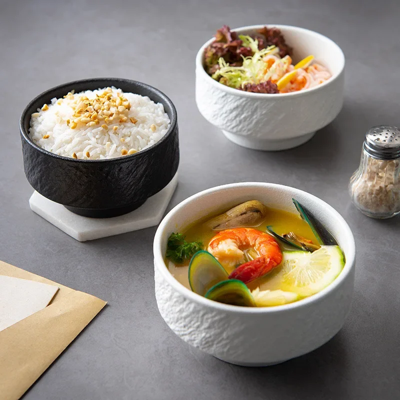 Creative High-foot Scalding-proof Black White Ceramic Rice Bowl Stone-like Dessert Salad Bowl high-end Tableware Household Hotel