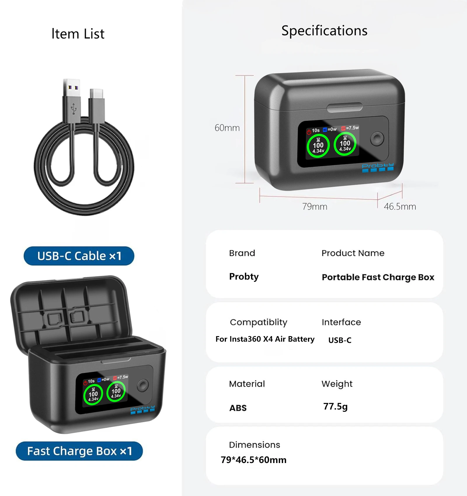 Probty für Insta360 X4 Air Akku-Schnellladebox X4 Air Ladegerät mit LCD-Display Zubehör – Detail 12