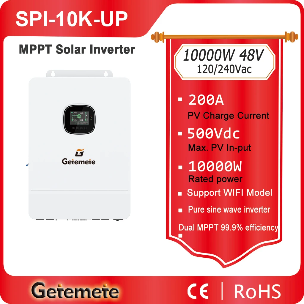 Getemete 10KW 48V 110/240VAC Max PV 500V  Hybrid Solar Inverter Support Split-phase/single-phase Dual MPPT IP20 Protection