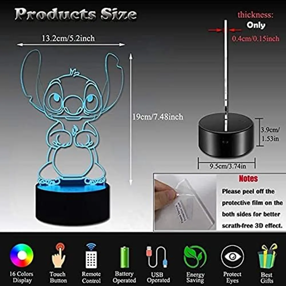 Stitch Night Light 3D Lamp16 Colors with Remote Control Room Decor Valentine\'s Day Anniversary Birthday Present Christmas Gifts