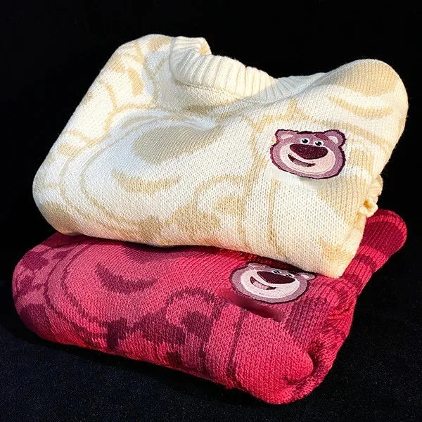 Spring Strawberry Bear Round Neck Wide Sweater Female Wine Red Sweater Autumn Winter Sweater Girl Clothes