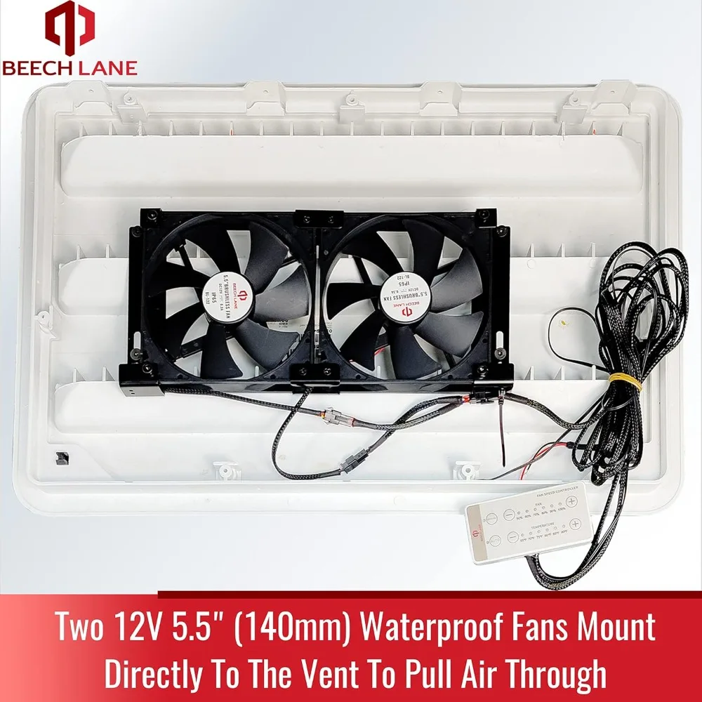 

12V RV Fridge Ventilation Cooling Fan 5.5" (140mm), Custom Mounts For American RV Side Vents, With Manual/Auto Modes, Waterproof