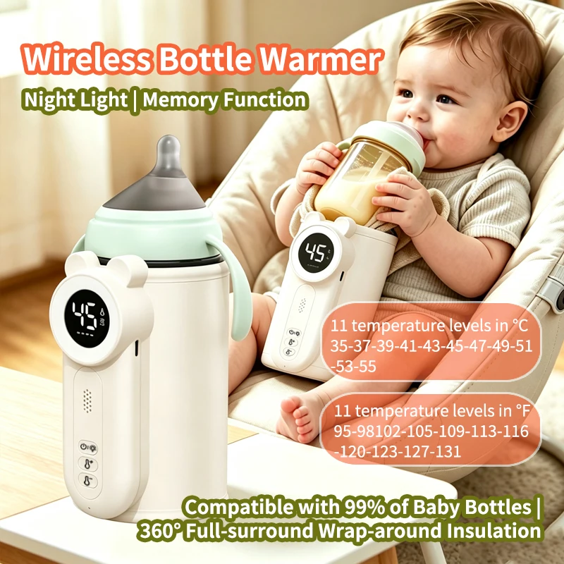 Wireless Bottle Warmer with Expandable Wrap Soft Heating Pad Fits Standard Wide-Neck Square Bottles USB-C for  Baby Outdoor Care