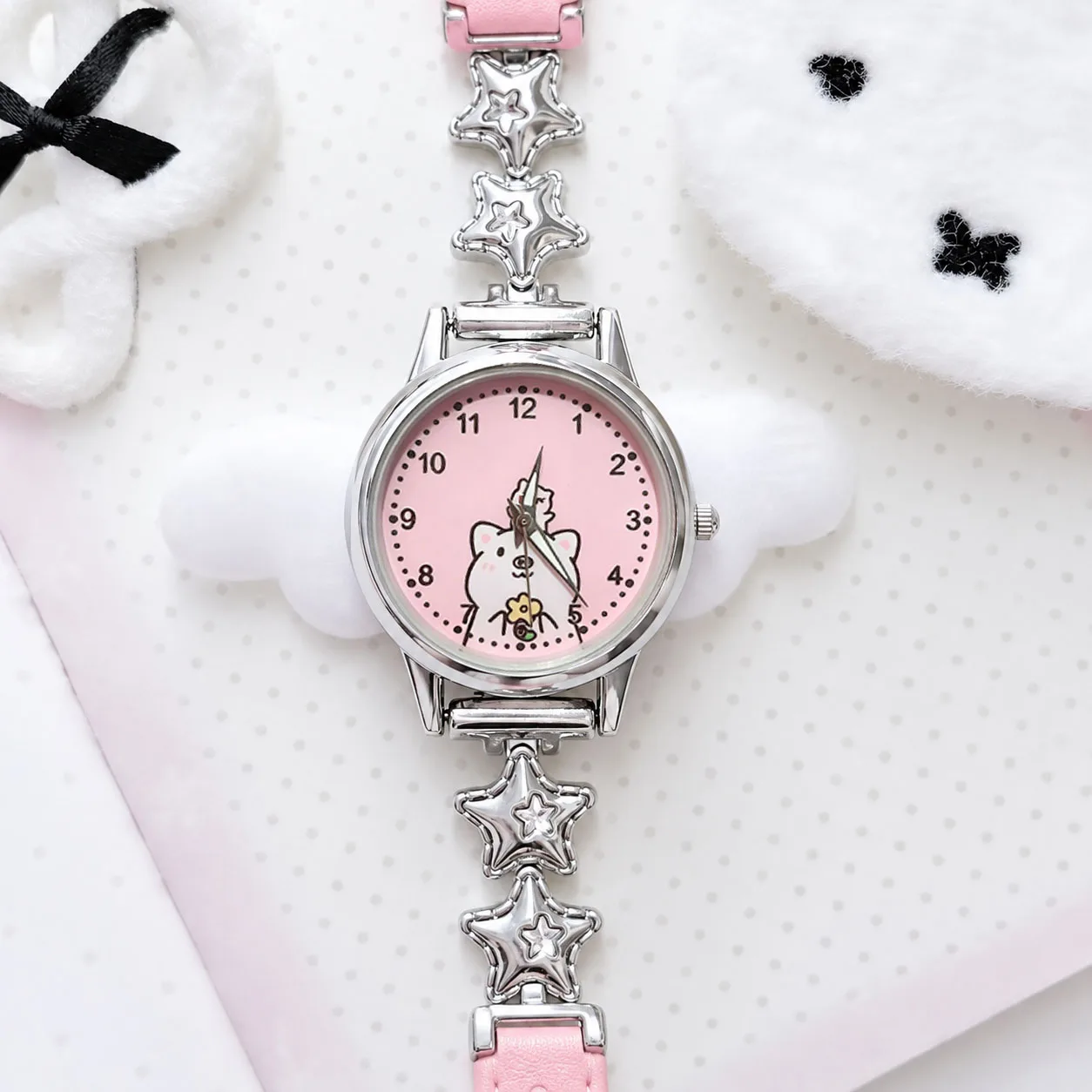1Pc New Style Star and Moon Stitching Leather Strap Cartoon Watch for Female Students, Silent Quartz Women's Watch, Children's Watch for Girls