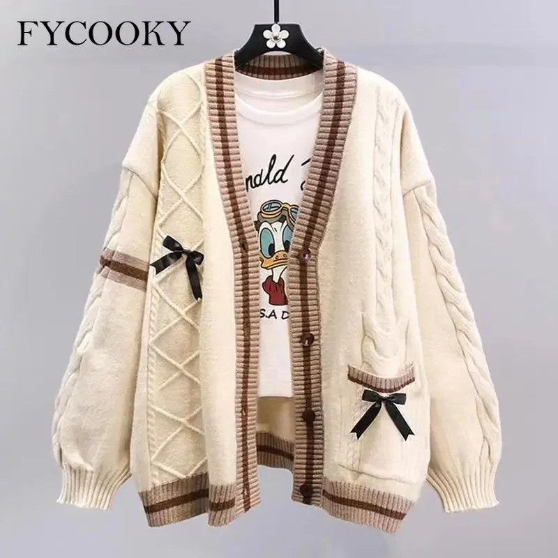 Neue 2025, japanische Schleife, Strickjacke, Strickjacke, Damen, Herbst und Winter, lose Strickpullover für Damen