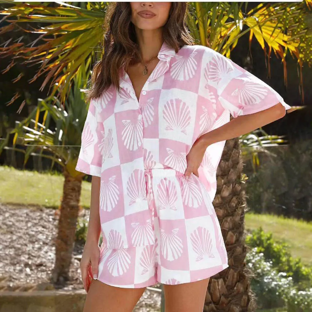 Two Piece Short Sets Women Summer Casual Print Short Sleeve Shirts 2 Piece Set Shorts Fashion Loose Office Shirts Suit Outfites