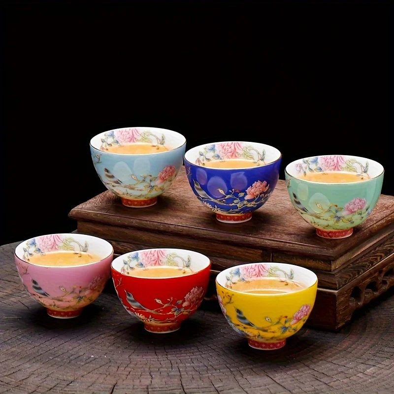 6pcs Chinese Style Flowers Painting Teacups Ceramic Tea Cup Set Exquisite Kung Fu Tea Cup Home Decor Room Decor