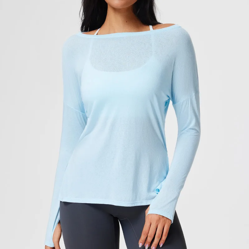 

Women's Long-Sleeved Yoga Cover-Up T-Shirt Loose Fit Thin Elastic Slit Design Sports Fitness Pilates Top