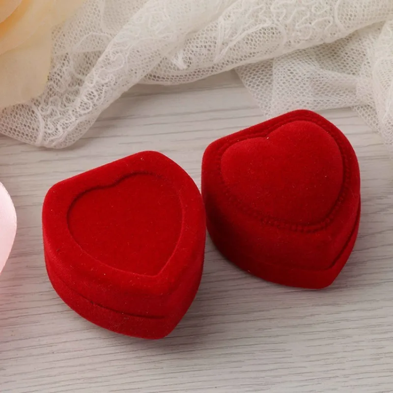 Red Velvet Heart Shape Ring Box for Jewelry