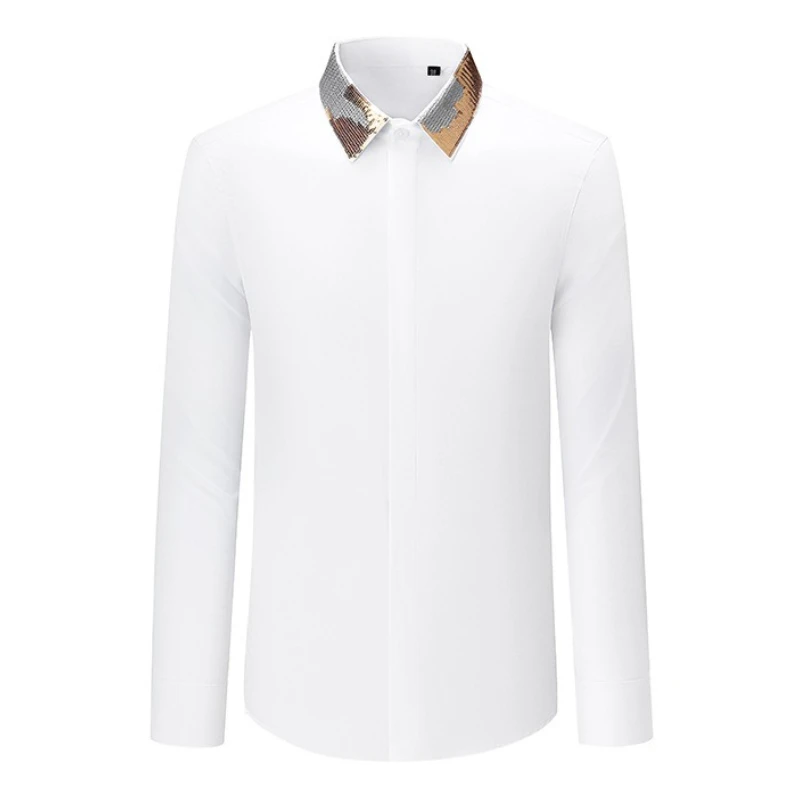 Handmade Beaded Embroidered Shirt for Men Long Sleeved Formal Stage Performance Shirt Slim Fit Casual Business Men Clothing
