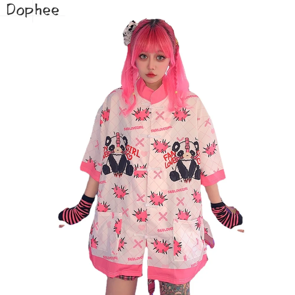 Dophee Original Streetwear Y2K Spice Girls Short Sleeve Shirts Chinese Style Stand Collar Frog Cute Panda Cardigans Top Cool