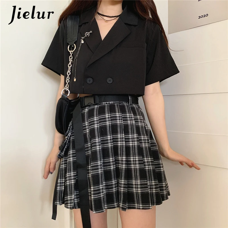 Black Casual 2 Pieces Set Women Plaid Skirt Sexy Sashes+Short Sleeve Notched Short Coat Crop Top Brooch Fashion Girls Set