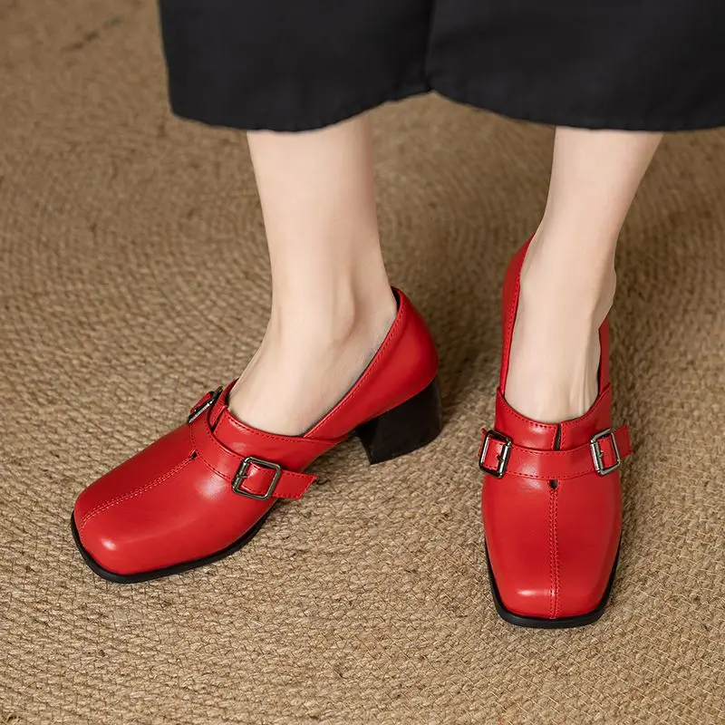 Girseaby Vintage Women Pumps Square Toe Block Heels Slip On Belt Buckle Plus Size 45 46 47 Soft Fashion New Design Summer Shoes