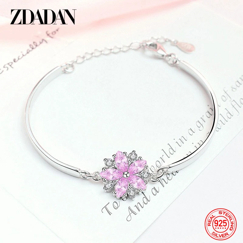 ZDADAN 925 Sterling Silver Flower Pink Zircon Bracelet Chains For Women Fashion Jewelry