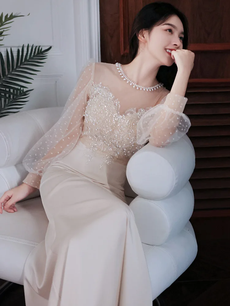 

Elegant Women Champagne Fish Tail Evening Dress 2023 New O-neck Pearl Applique Tulle Floor Length Vestidos French Lady Slim Gown