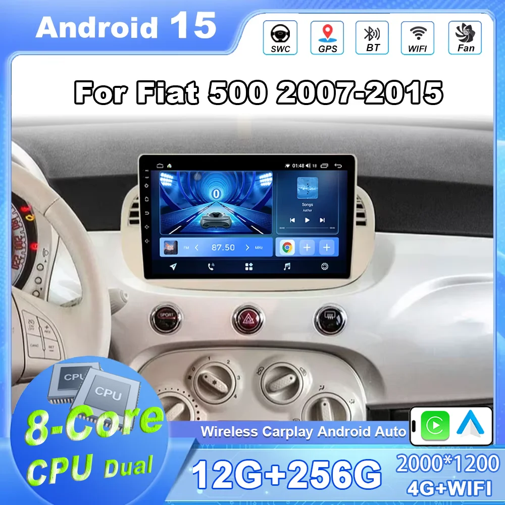 

Android 15 Car Radio Stereo for Fiat 500 2007-2015 Auto GPS Navigation Steering Wheel Control Multimedia Carplay Auto 4G+WIFI