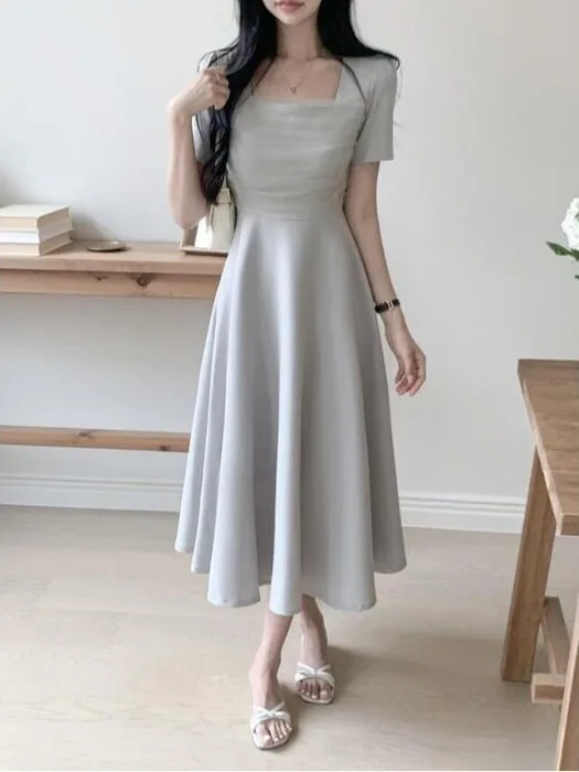Chic Korean Style Floral Embroidery Off-Shoulder Dress with Belt Slimming Skirt Large Hemline for Women Spring Summer Autumn