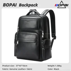 BOPAI-Sac à dos en peau de vache naturelle pour homme, 100% cuir véritable, grande capacité, cartable d'école pour garçon, sac à dos pour ordinateur portable, mode