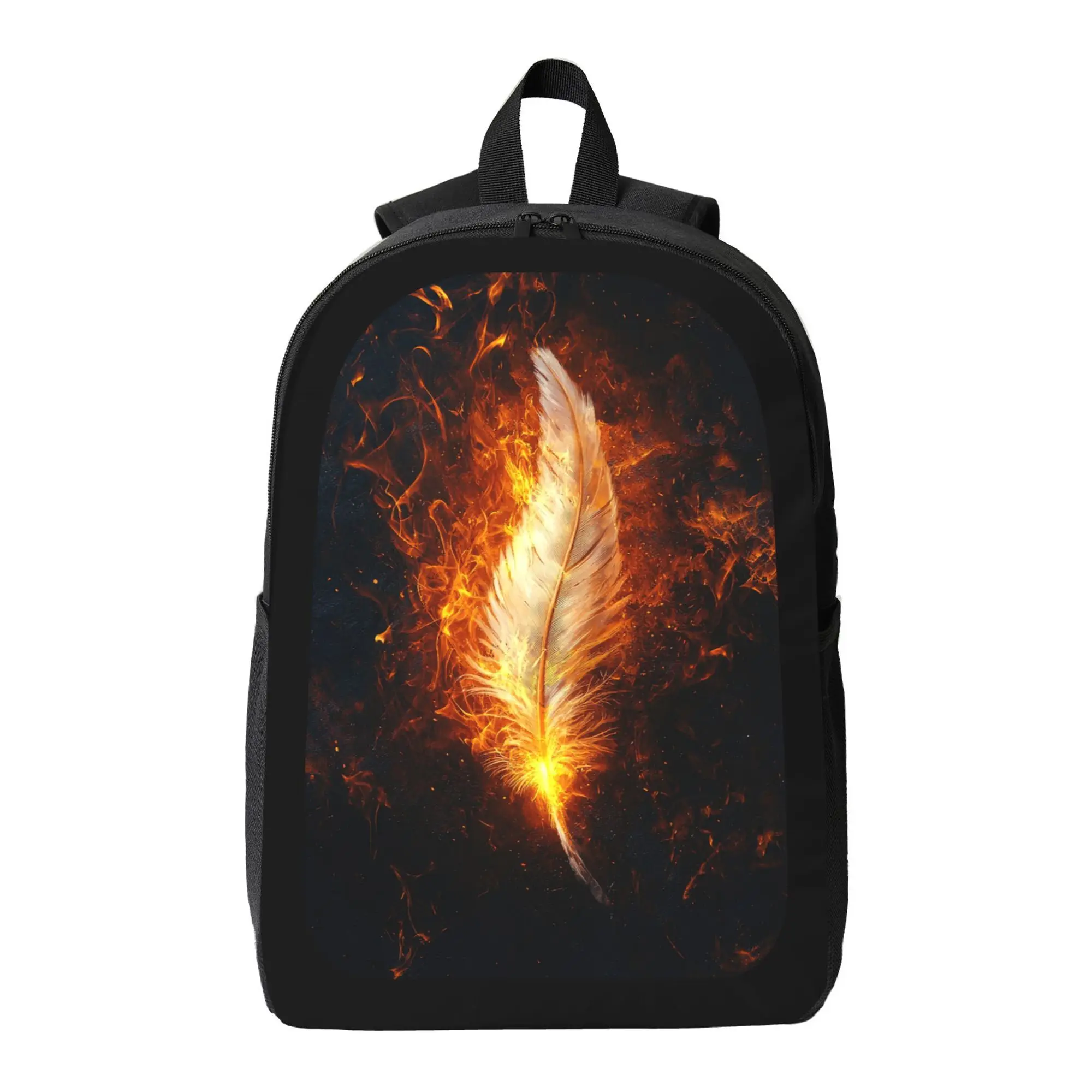 

Fiery Feather Backpack - Stylish black bag, orange and yellow flame design, adjustable shoulder straps, large capacity