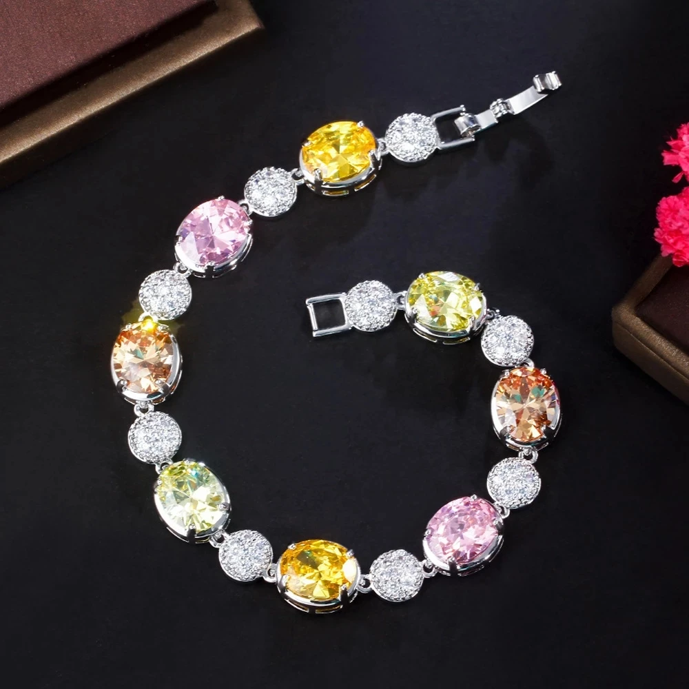 CWWZircons Beautiful Multi Color Big Round Oval Cubic Zirconia Chic Women Party Engagement Bracelet Jewelry Accessories CB289