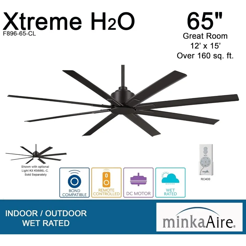 Minka-Aire Outdoor Ventilador de teto, motor DC, acabamento Carvão, F896-65-CL, Xtreme H2O, 65"