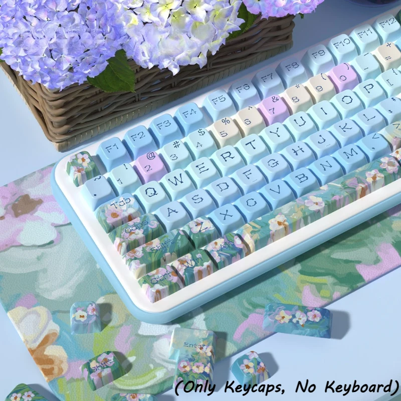 Vintage Oil Painting Daisy MDA Profile PBT Keycaps Set Blue Floral 5 Side Sublimation Keycap for Mechanical Keyboard Accessory