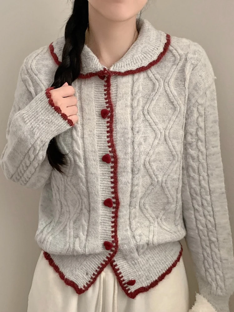 

Корейский вязаный свитер с кукольным воротником и милым сердечком, пальто, женский винтажный вязаный открытый кардиган, топ