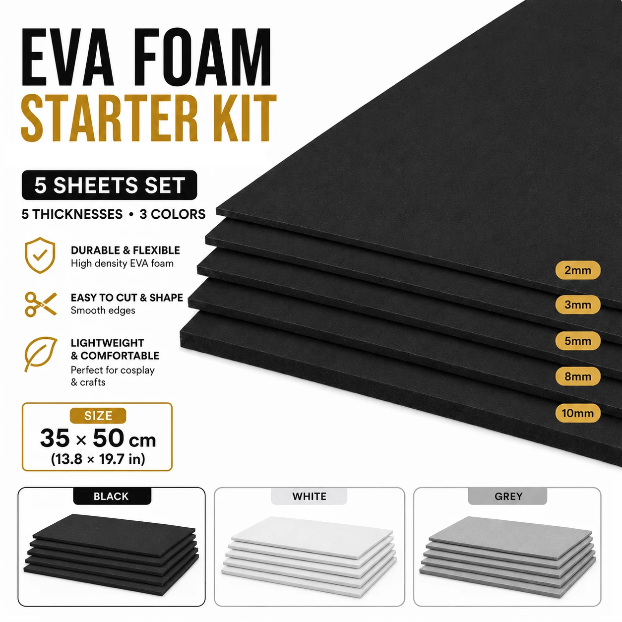 Cosplay EVA Foam Starter Kit 5 Sheets 2/3/5/8/10mm 35x50cm Lightweight Foam for Helmet Props Costume Craft DIY for Halloween