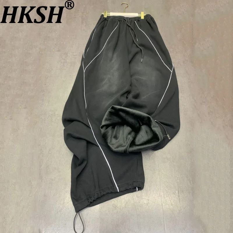 HKSH Autumn Winter New Women's Baggy Pants Fleece-lining Drawstring Elastic Waisted Contrast Color Streetwear Ins Casual HK15132