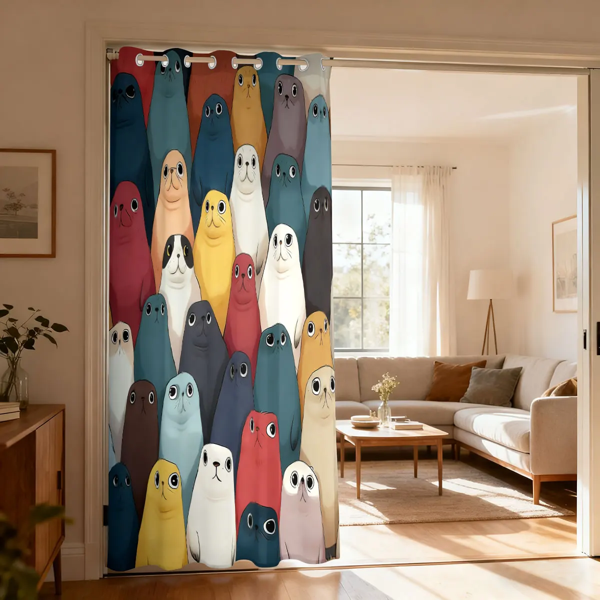 1pcs 90g brushed fabric curtain with a colorful cartoon seal pattern densely arranged, suitable for home decoration